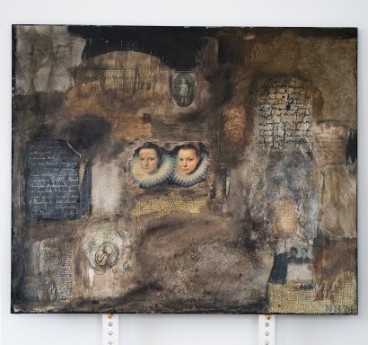 "Das doppelte Gretchen". 100 x 120 cm. Leinwand auf Holz. Versch. Papiere, Tusche, Acryl, Kaffee und Kohle.